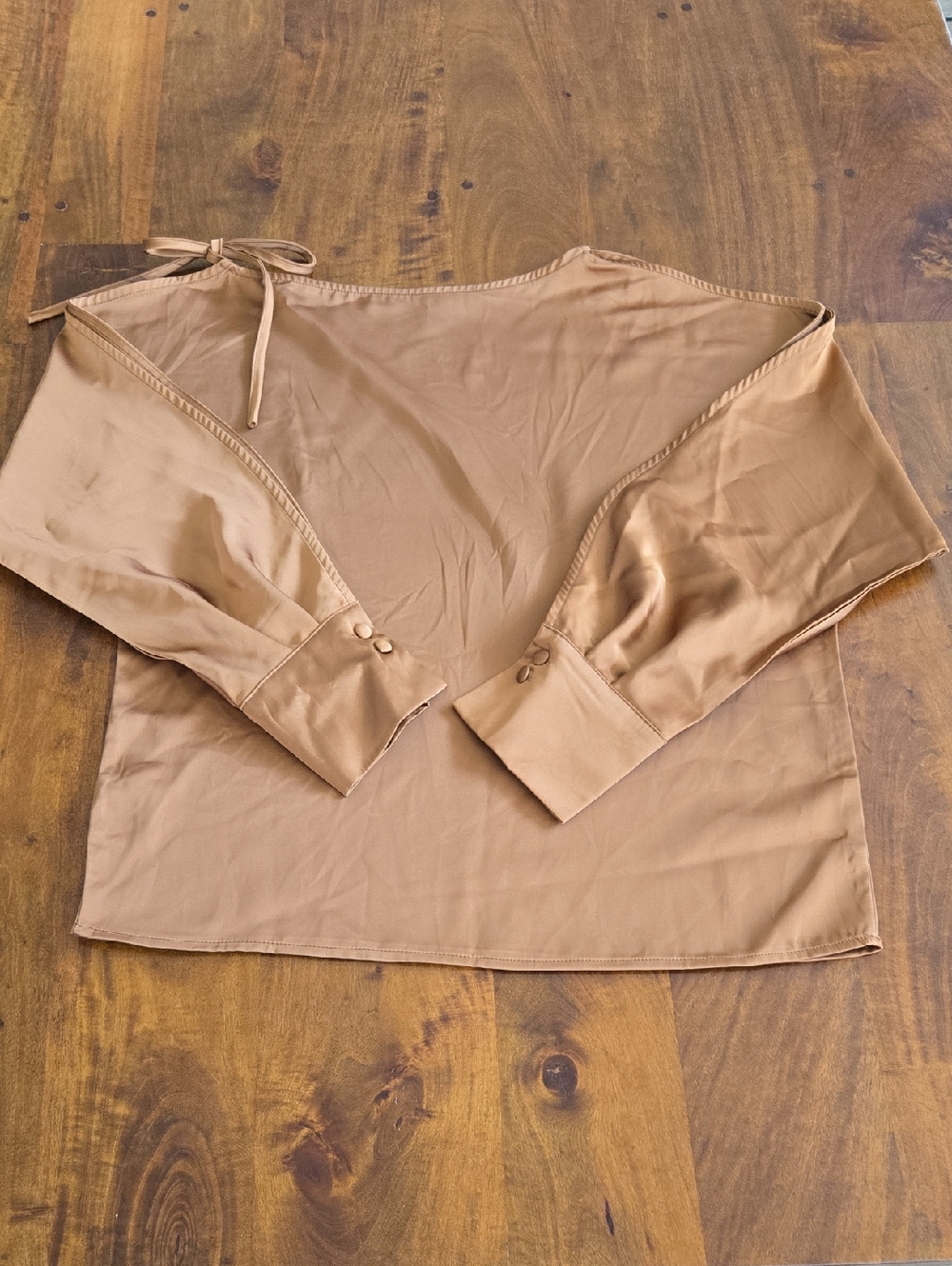 Tie-Shoulder Split Sleeve Satin Brown Blouse  Size Medium